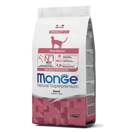 מונג’ סטרילייזד בקר ואורז מזון לחתול 1.5 ק”ג