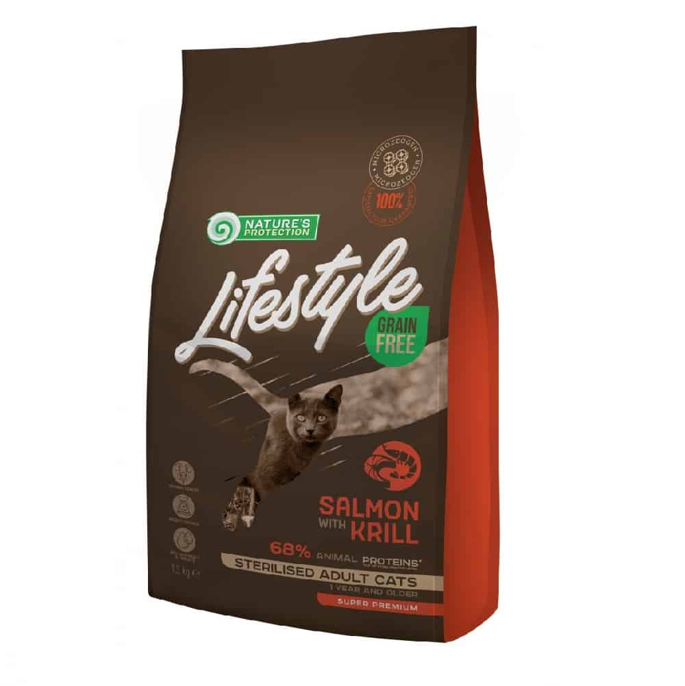 נייצ'רס פרוטקשן לייף סטייל מזון לחתול בוגר מסורס/מעוקר ללא דגנים – סלמון וקריל