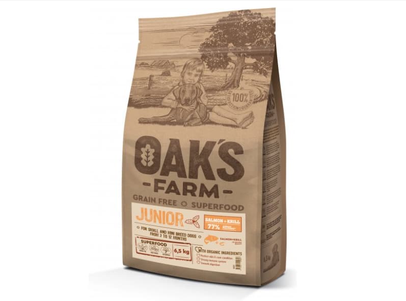 OAK'S FARM מזון לגור כלבים ג'וניור מגזע קטן עם סלמון וקריל ללא דגנים – 2/6.5 ק"ג