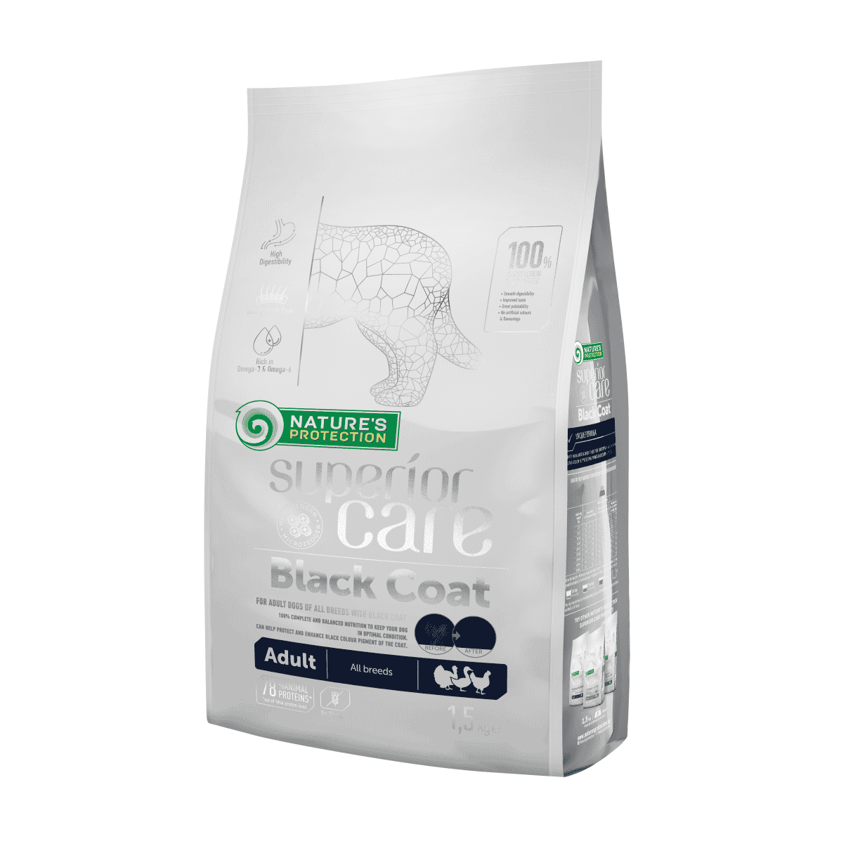 נייצ'רס פרוטקשן מזון לכלבים בוגרים עם פרווה שחורה מכל הגזעים