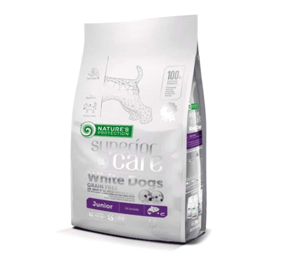 נייצ’רס פרוטקשן ג'וניור מזון לגורי כלבים לבנים מכל הגזעים על בסיס דגים ושרימפס
